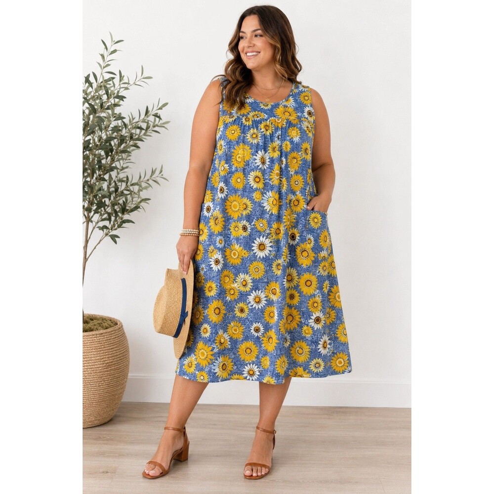 Only Necessities Sunflower Floral Sleeveless Vintage Midi House Dress Pockets 4X